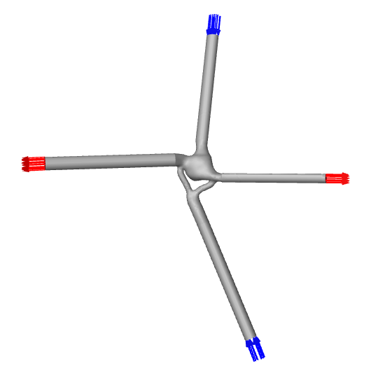 Ansys model geometry of the Y-graft Fontan connection, with inlets and outlets marked